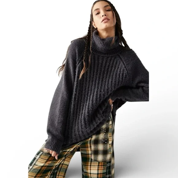 Free People Big City Turtleneck Knit Sweater Gray Ribbed XS - Picture 1 of 7